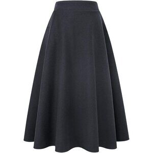 Womens Long Dark Grey Elastic Waist A-Line Pleated Tartan Long Plaid Wool Skirt